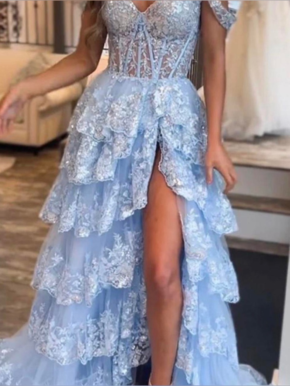 Jovani Sz 6 Lght Blue Sequin Rhinestone 3D Floral Corset Off Shoulder Gown 36687